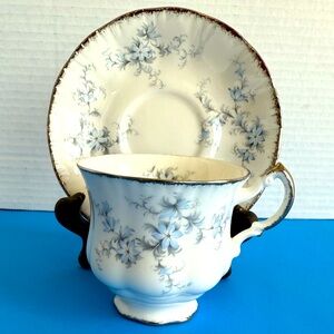 Vintage Paragon Teacup + Saucer in “Brides Choice” White Blue Floral Silver Trim